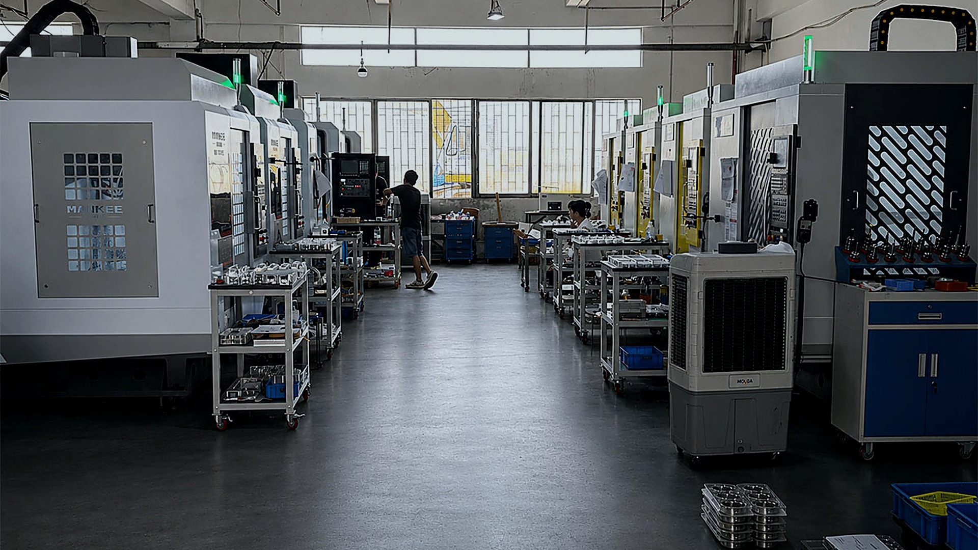 CNC machining workshop at Meili Machining, Dongguan, China