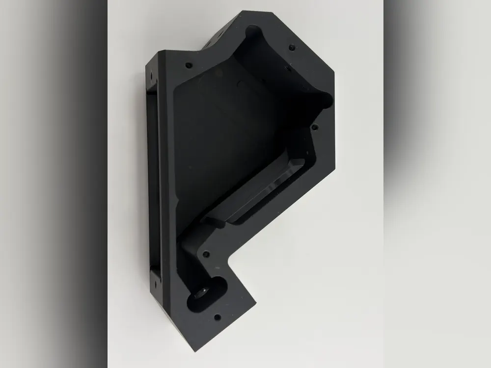 Matte black anodized 6061 aluminum robot bracket with a deep pocket